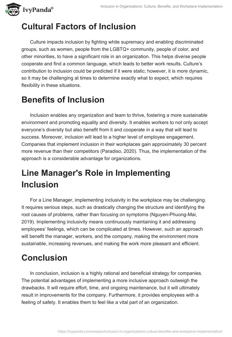 Inclusion in Organizations: Culture, Benefits, and Workplace Implementation. Page 2