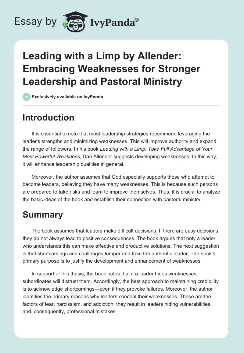 Leading with a Limp by Allender: Embracing Weaknesses for Stronger Leadership and Pastoral Ministry. Page 1