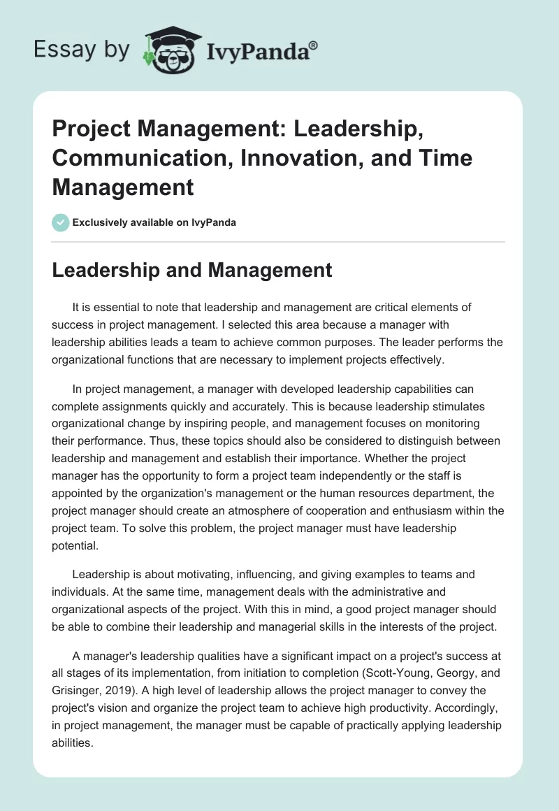 Project Management: Leadership, Communication, Innovation, and Time Management. Page 1