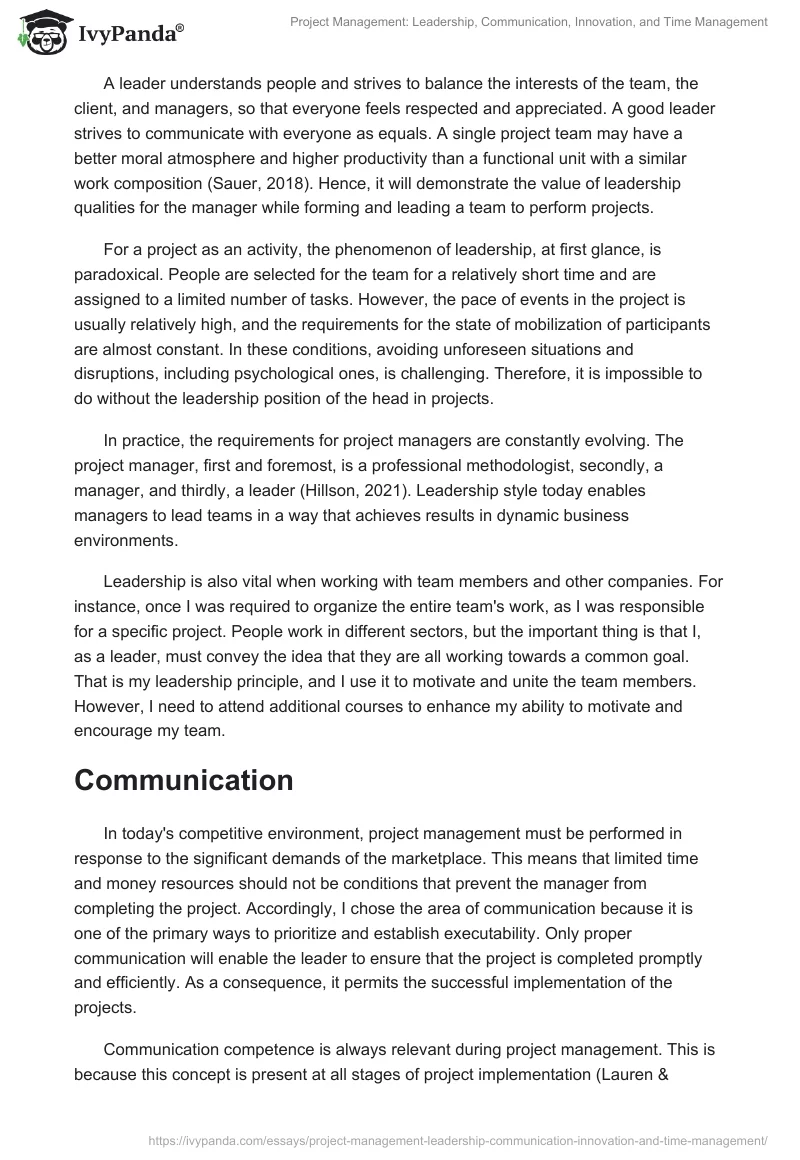 Project Management: Leadership, Communication, Innovation, and Time Management. Page 2