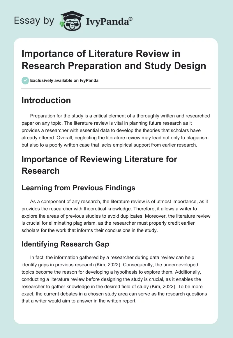 Importance of Literature Review in Research Preparation and Study Design. Page 1