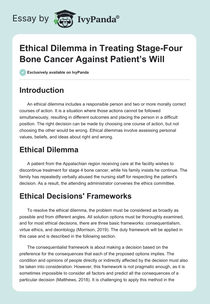 Ethical Dilemma in Treating Stage-Four Bone Cancer Against Patient’s Will. Page 1