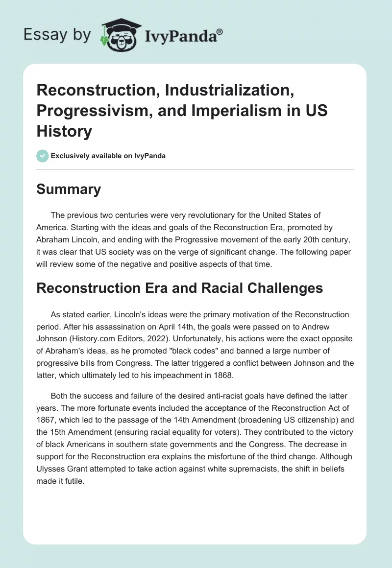 Reconstruction, Industrialization, Progressivism, and Imperialism in US History. Page 1