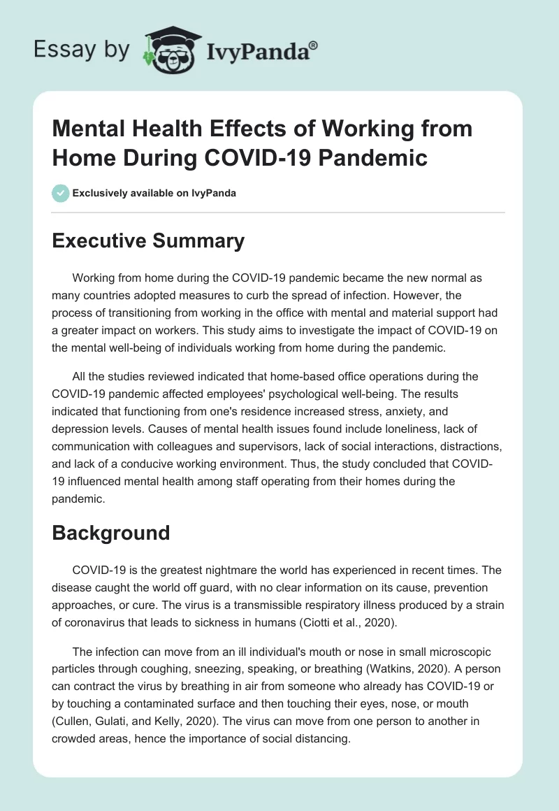 Mental Health Effects of Working from Home During COVID-19 Pandemic. Page 1