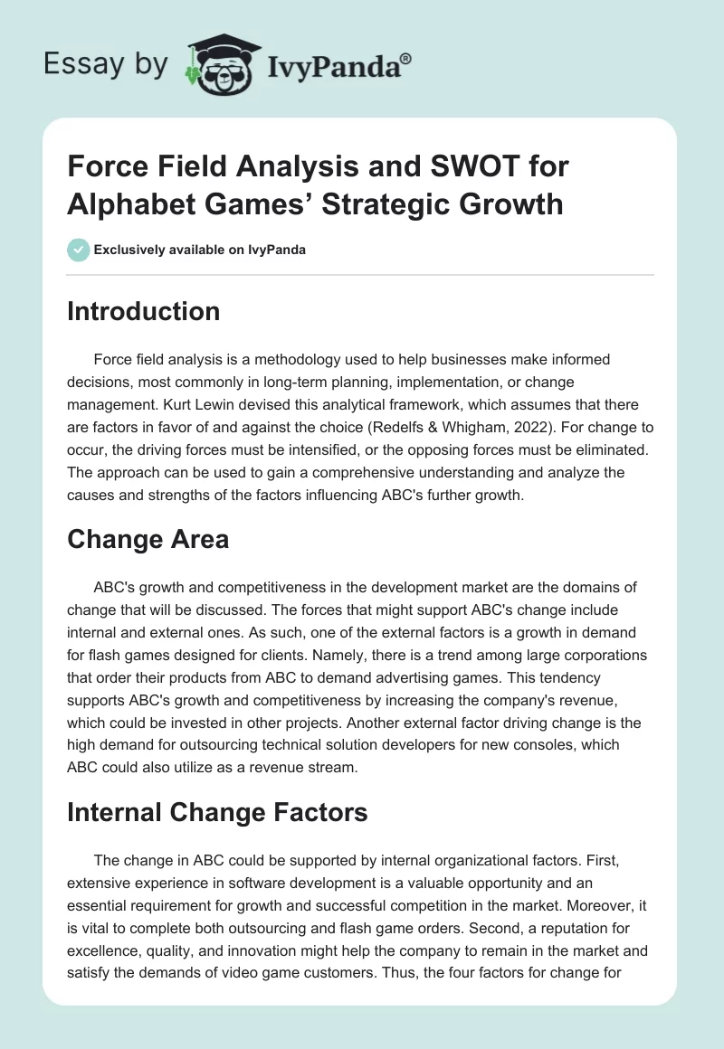 Force Field Analysis and SWOT for Alphabet Games’ Strategic Growth. Page 1