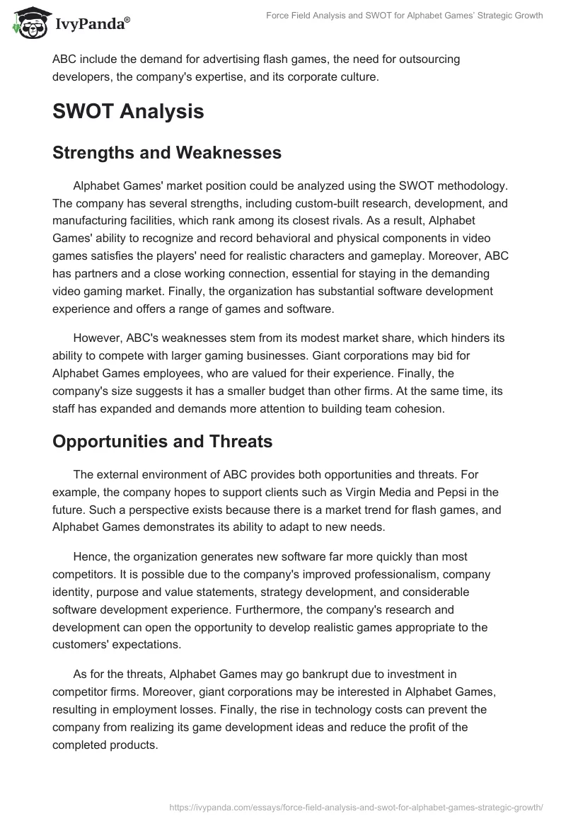 Force Field Analysis and SWOT for Alphabet Games’ Strategic Growth. Page 2