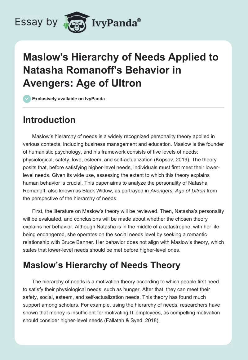 Maslow's Hierarchy of Needs Applied to Natasha Romanoff's Behavior in "Avengers: Age of Ultron". Page 1