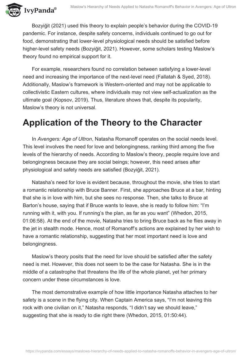 Maslow's Hierarchy of Needs Applied to Natasha Romanoff's Behavior in "Avengers: Age of Ultron". Page 2