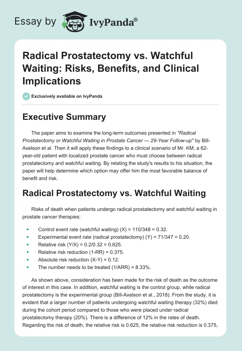 Radical Prostatectomy vs. Watchful Waiting: Risks, Benefits, and Clinical Implications. Page 1