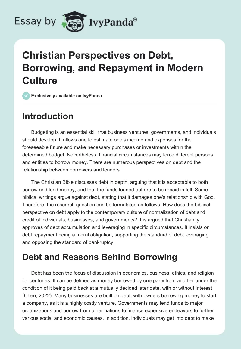 Christian Perspectives on Debt, Borrowing, and Repayment in Modern Culture. Page 1