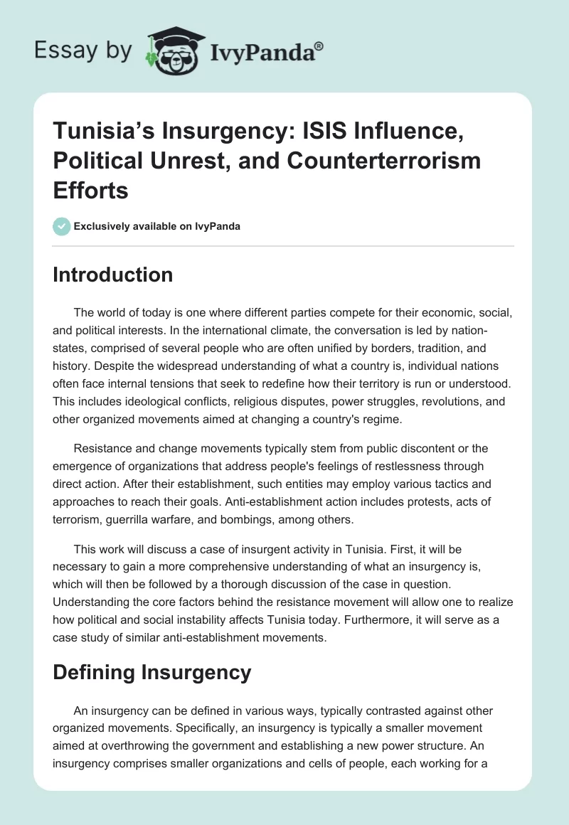 Tunisia’s Insurgency: ISIS Influence, Political Unrest, and Counterterrorism Efforts. Page 1