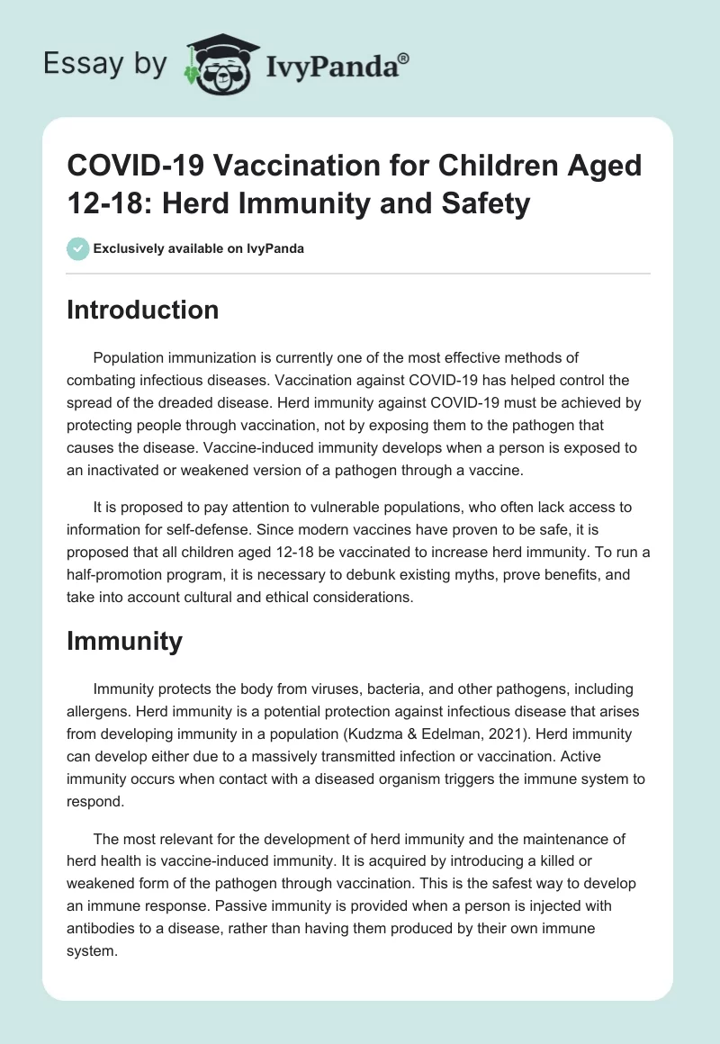 COVID-19 Vaccination for Children Aged 12-18: Herd Immunity and Safety. Page 1