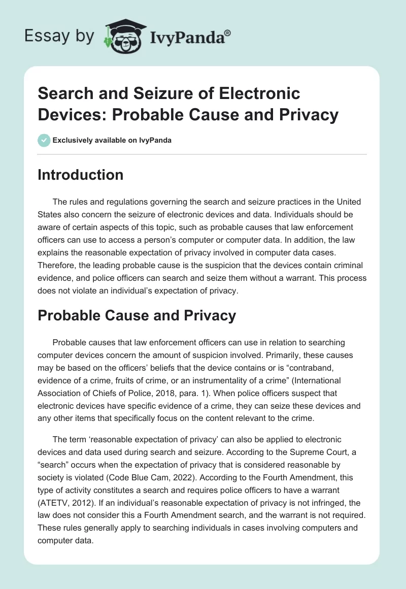 Search and Seizure of Electronic Devices: Probable Cause and Privacy. Page 1