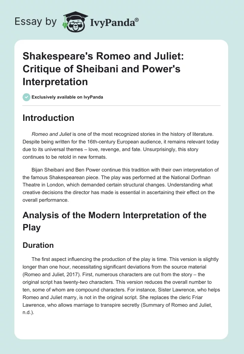 Shakespeare's Romeo and Juliet: Critique of Sheibani and Power's Interpretation. Page 1
