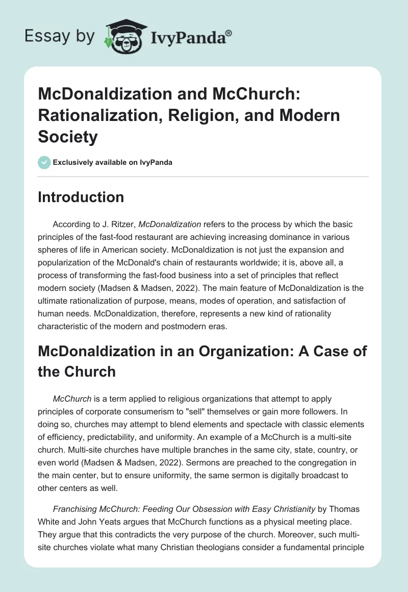 McDonaldization and McChurch: Rationalization, Religion, and Modern Society. Page 1