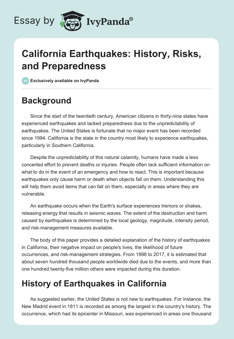 California Earthquakes: History, Risks, and Preparedness. Page 1