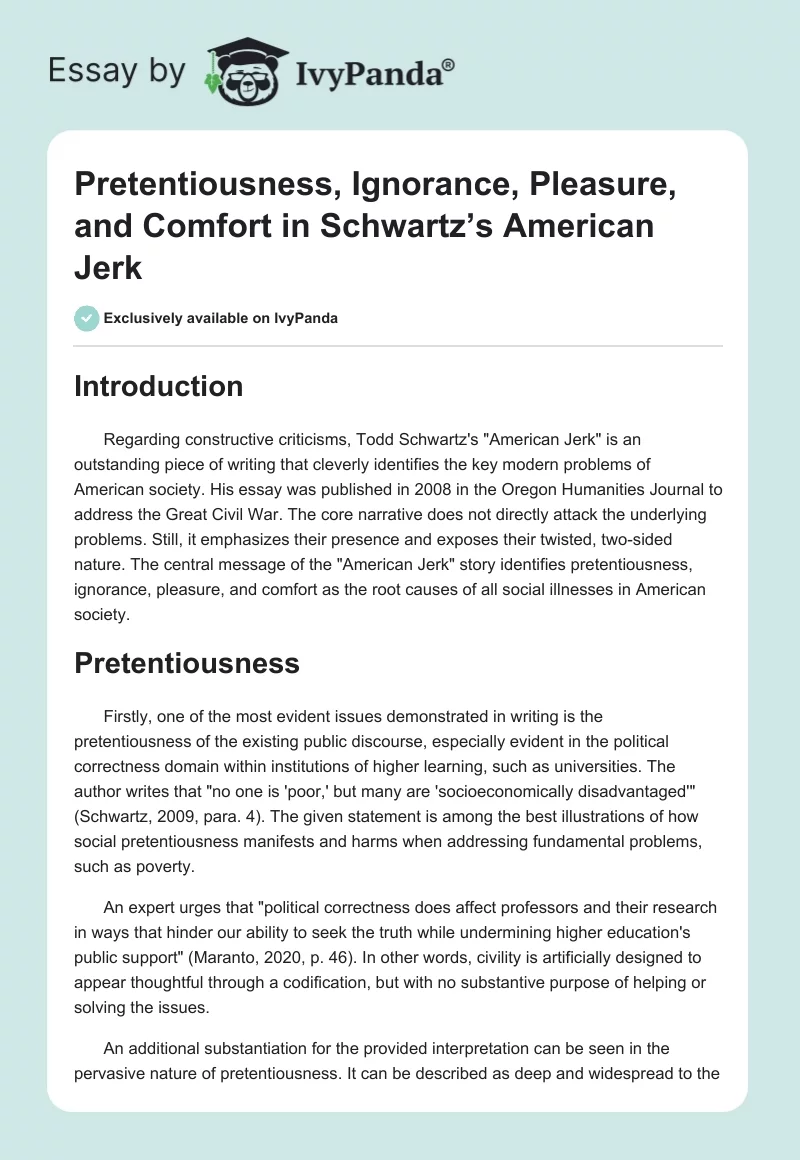 Pretentiousness, Ignorance, Pleasure, and Comfort in Schwartz’s "American Jerk". Page 1