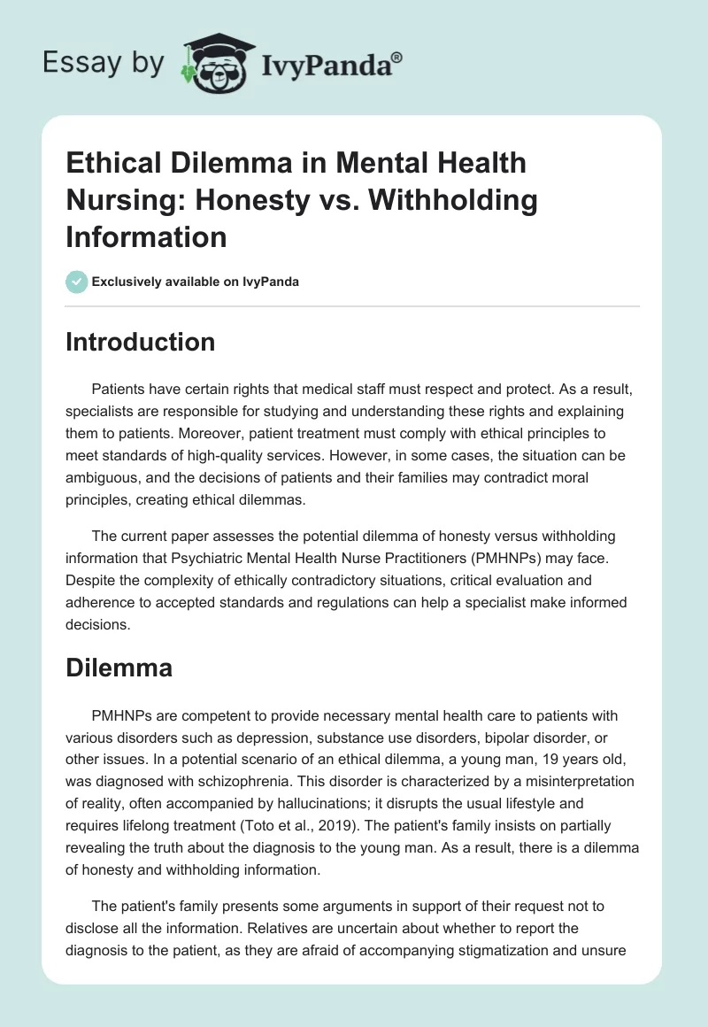 Ethical Dilemma in Mental Health Nursing: Honesty vs. Withholding Information. Page 1