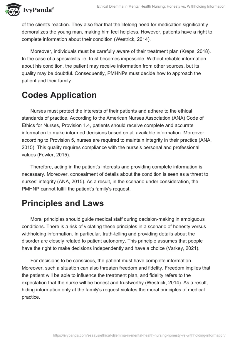 Ethical Dilemma in Mental Health Nursing: Honesty vs. Withholding Information. Page 2