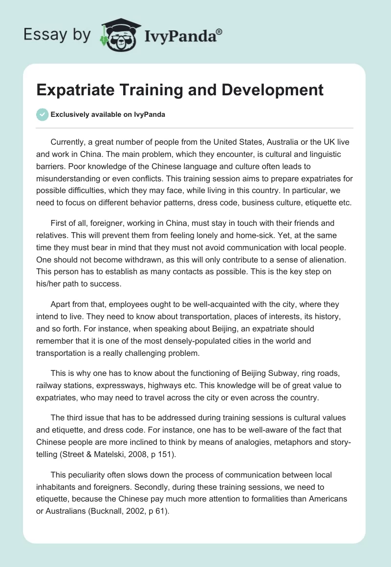 Expatriate Training and Development. Page 1