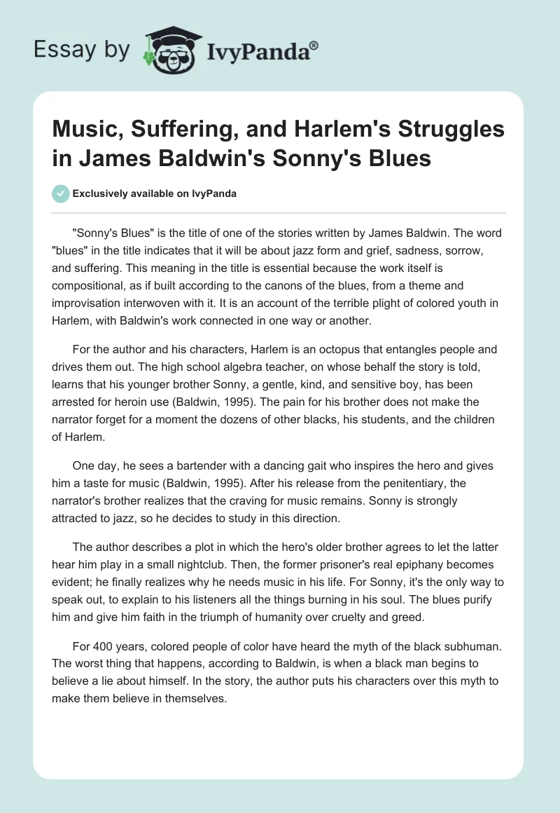 Music, Suffering, and Harlem's Struggles in James Baldwin's "Sonny's Blues". Page 1