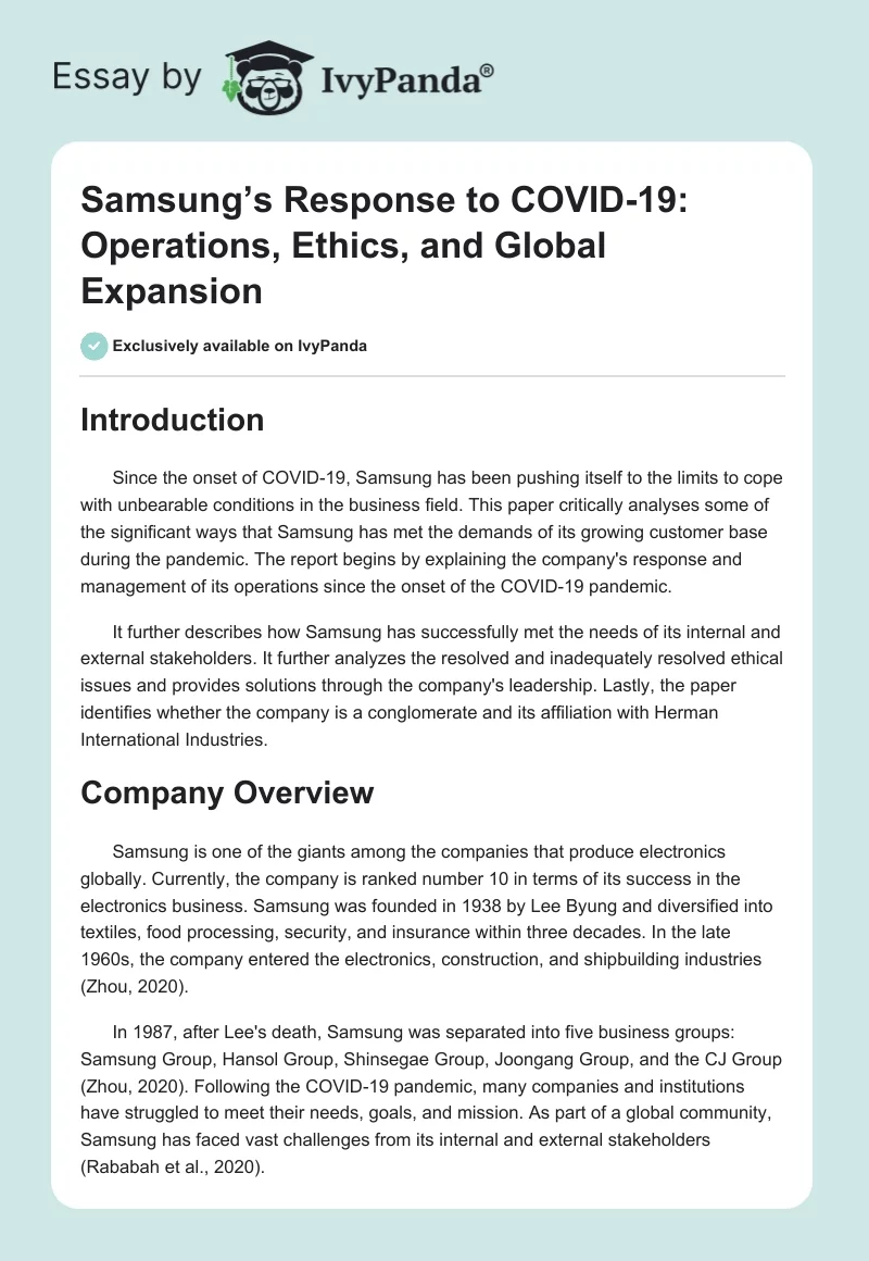 Samsung’s Response to COVID-19: Operations, Ethics, and Global Expansion. Page 1