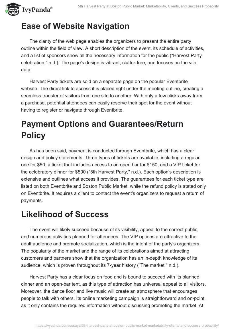 5th Harvest Party at Boston Public Market: Marketability, Clients, and Success Probability. Page 2