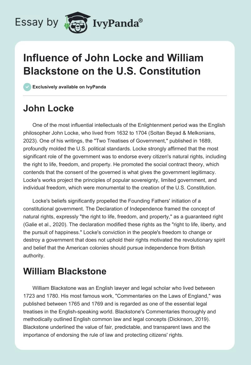 Influence of John Locke and William Blackstone on the U.S. Constitution. Page 1