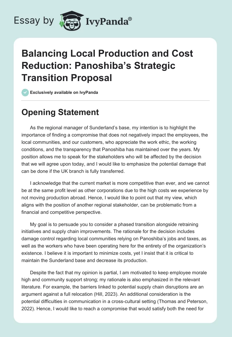 Balancing Local Production and Cost Reduction: Panoshiba’s Strategic Transition Proposal. Page 1