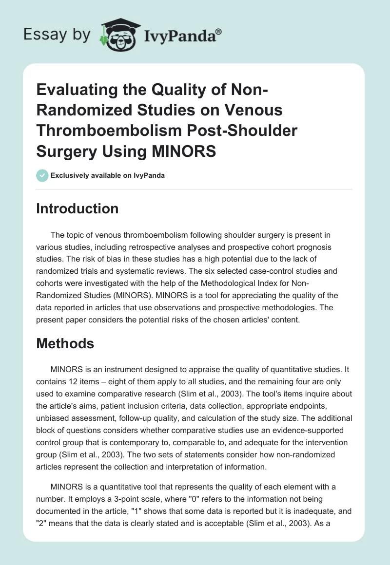 Evaluating the Quality of Non-Randomized Studies on Venous Thromboembolism Post-Shoulder Surgery Using MINORS. Page 1