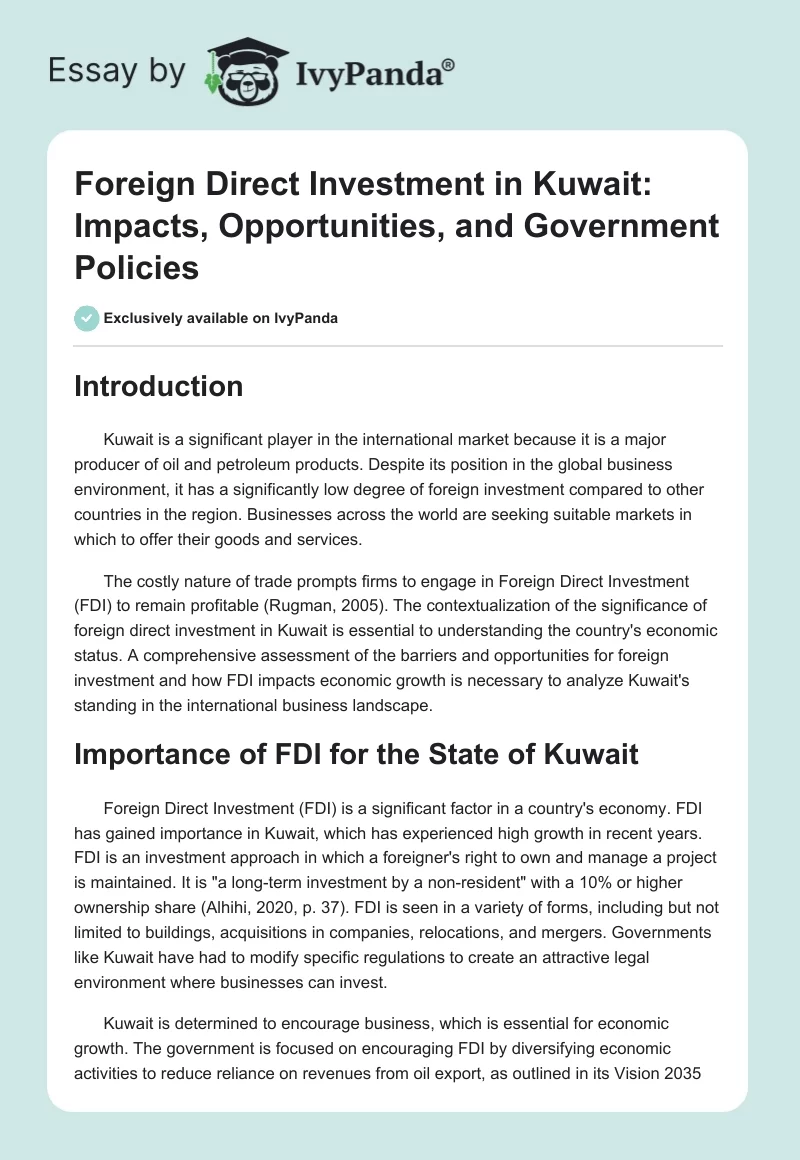 Foreign Direct Investment in Kuwait: Impacts, Opportunities, and Government Policies. Page 1