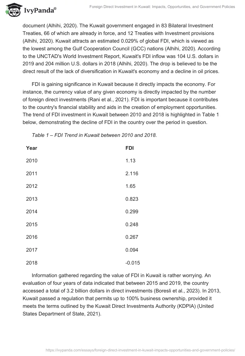 Foreign Direct Investment in Kuwait: Impacts, Opportunities, and Government Policies. Page 2