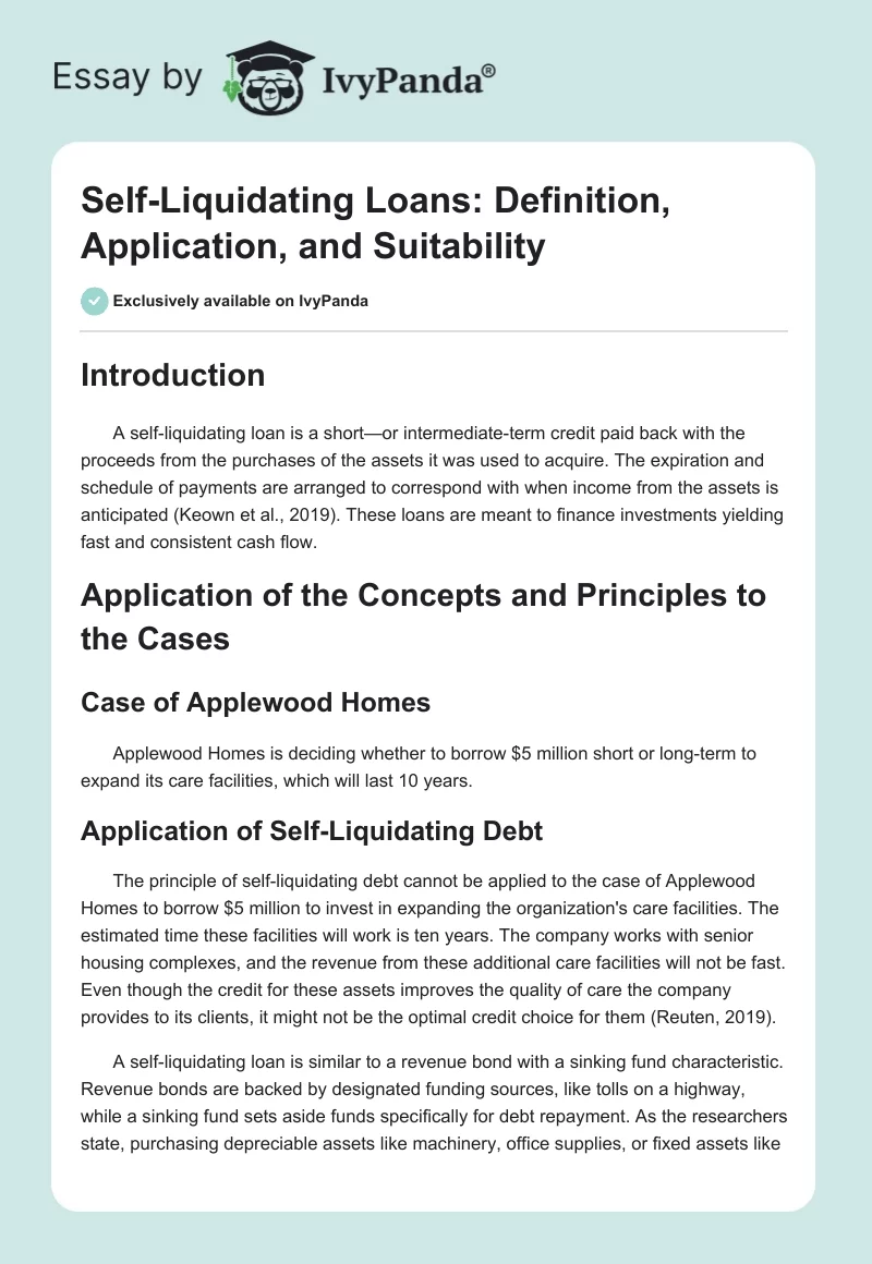 Self-Liquidating Loans: Definition, Application, and Suitability. Page 1