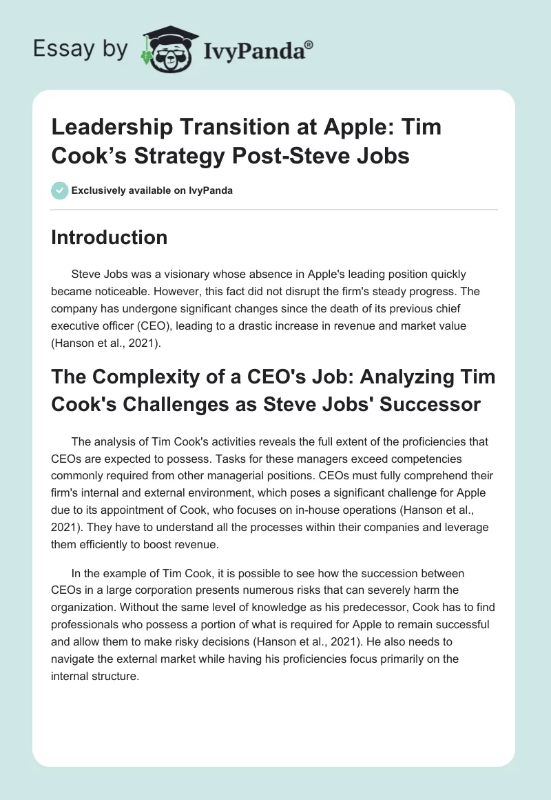 Leadership Transition at Apple: Tim Cook’s Strategy Post-Steve Jobs. Page 1