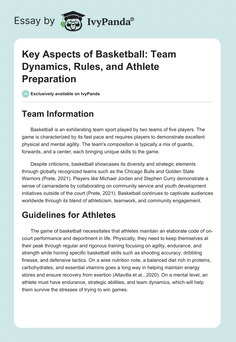 Key Aspects of Basketball: Team Dynamics, Rules, and Athlete Preparation. Page 1