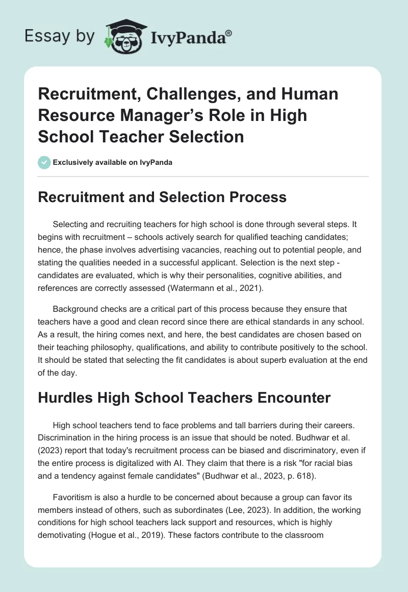 Recruitment, Challenges, and Human Resource Manager’s Role in High School Teacher Selection. Page 1