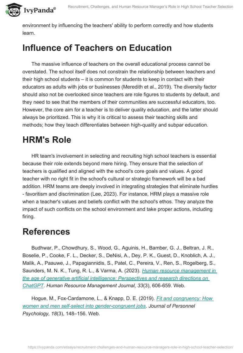 Recruitment, Challenges, and Human Resource Manager’s Role in High School Teacher Selection. Page 2