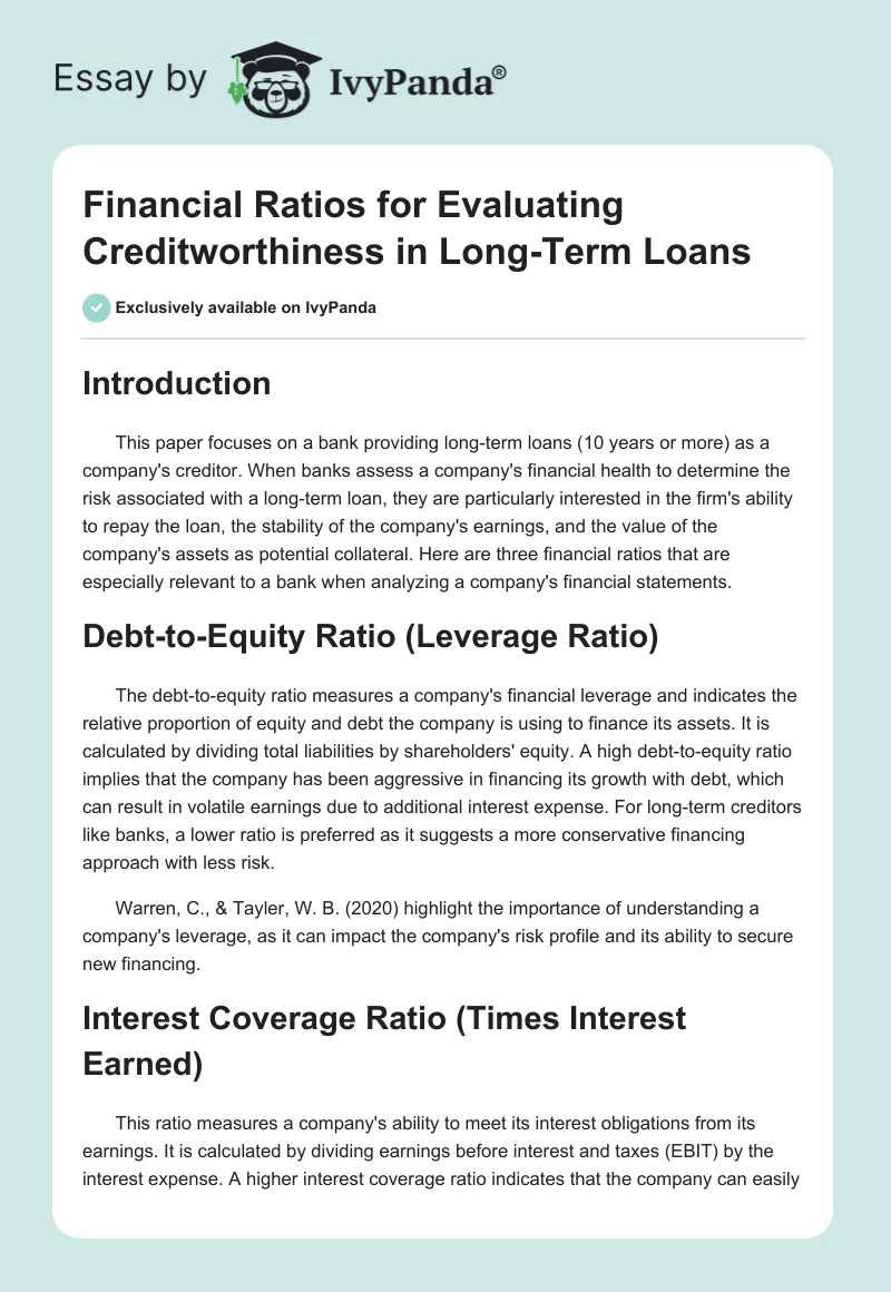Financial Ratios for Evaluating Creditworthiness in Long-Term Loans. Page 1