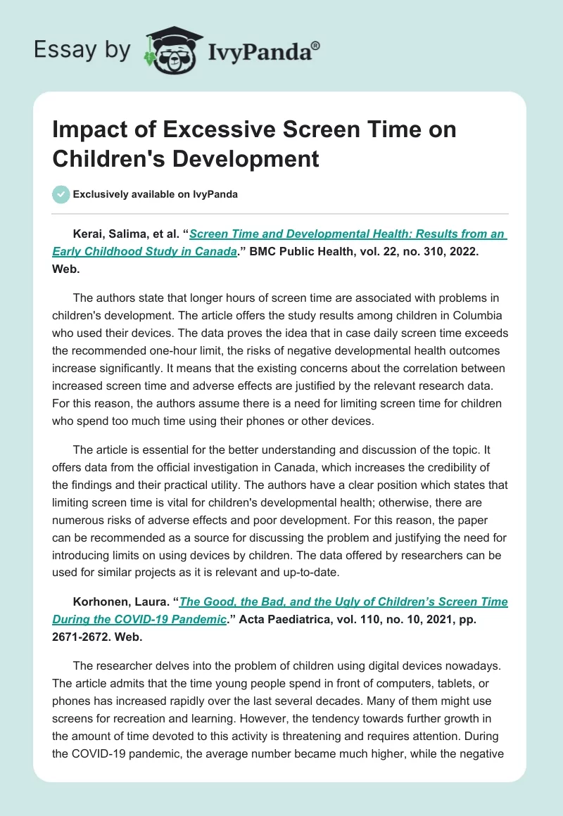 Impact of Excessive Screen Time on Children's Development. Page 1