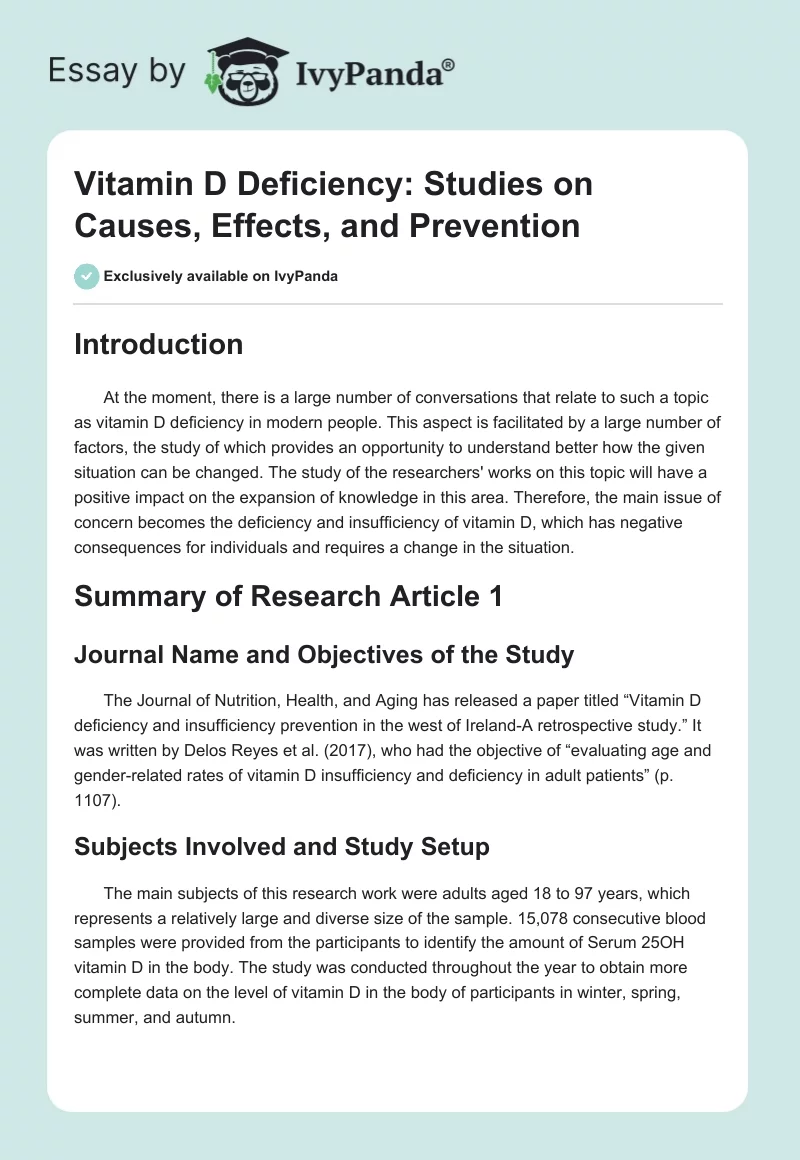 Vitamin D Deficiency: Studies on Causes, Effects, and Prevention. Page 1