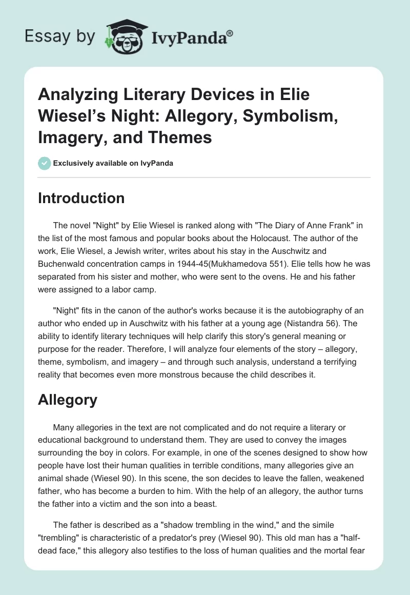 Analyzing Literary Devices in Elie Wiesel’s Night: Allegory, Symbolism, Imagery, and Themes. Page 1