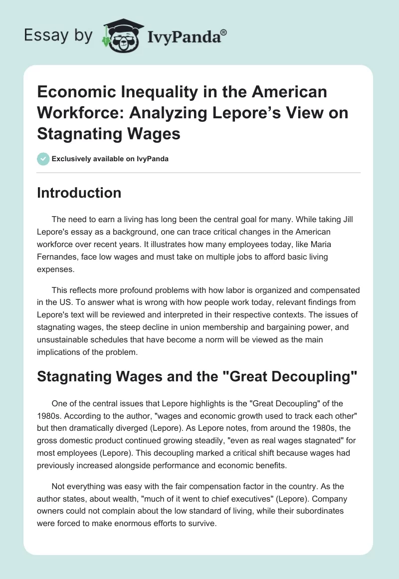 Economic Inequality in the American Workforce: Analyzing Lepore’s View on Stagnating Wages. Page 1