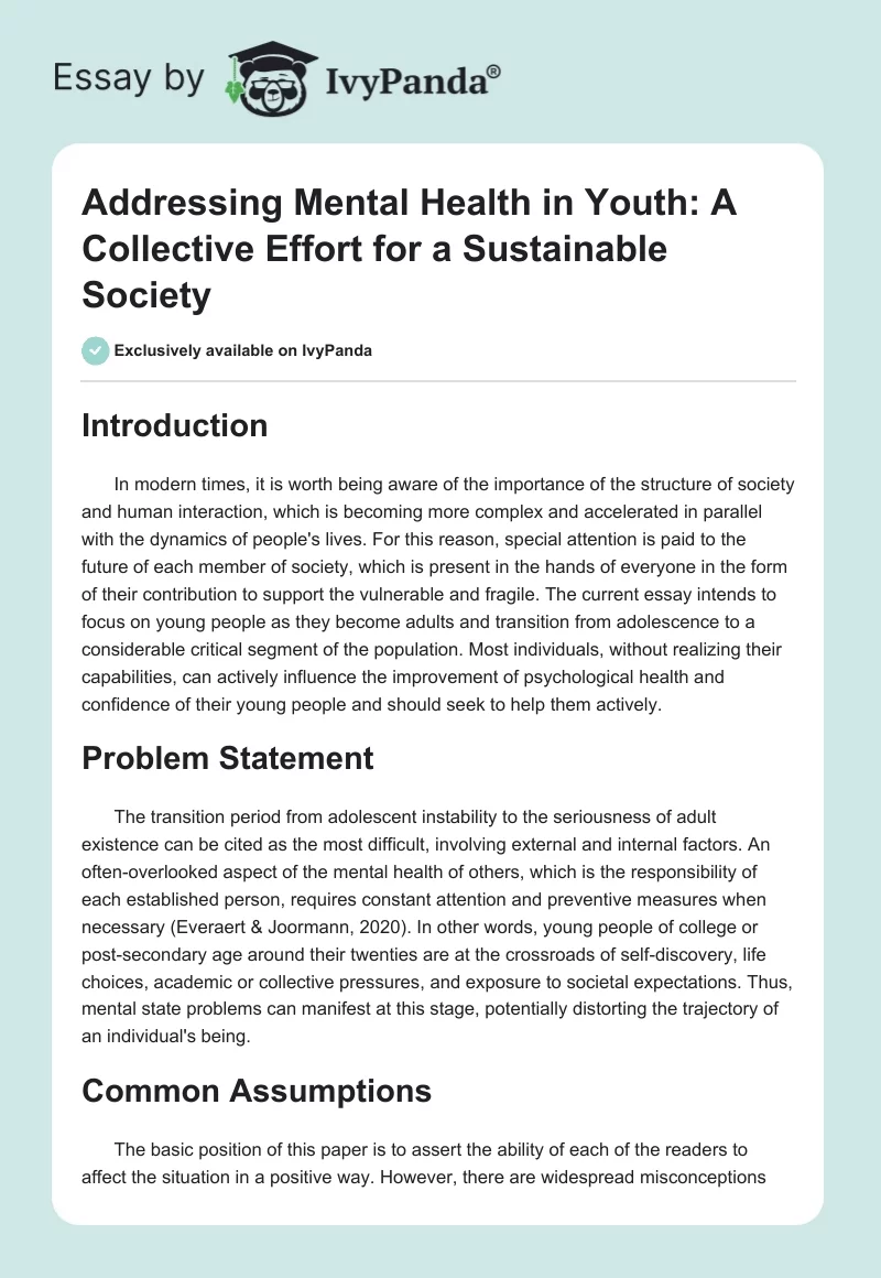 Addressing Mental Health in Youth: A Collective Effort for a Sustainable Society. Page 1