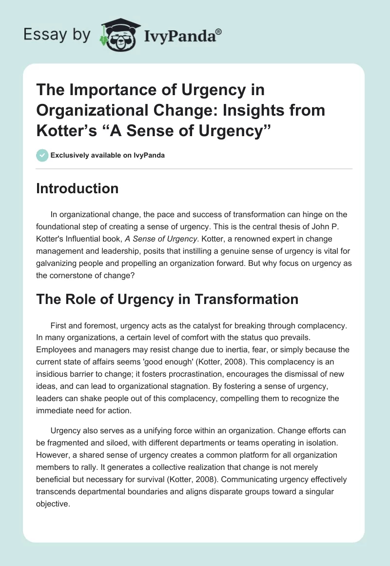 The Importance of Urgency in Organizational Change: Insights from Kotter’s “A Sense of Urgency”. Page 1