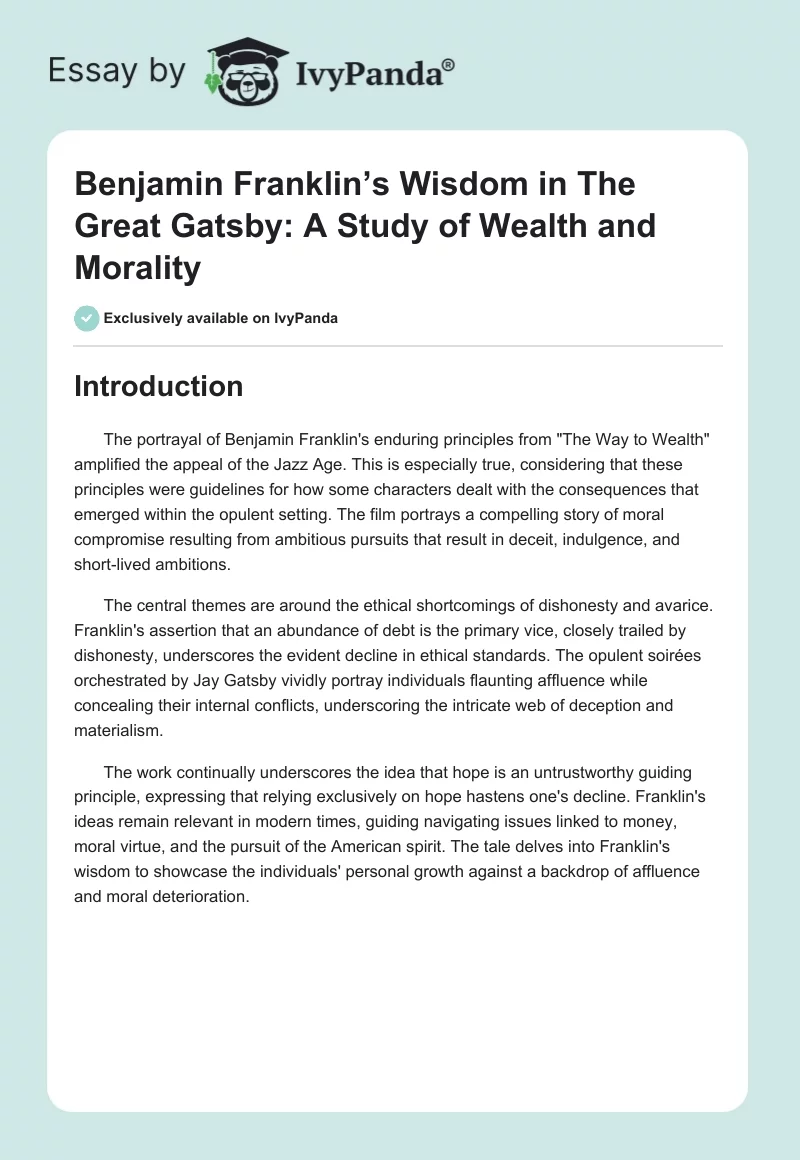 Benjamin Franklin’s Wisdom in "The Great Gatsby": A Study of Wealth and Morality. Page 1