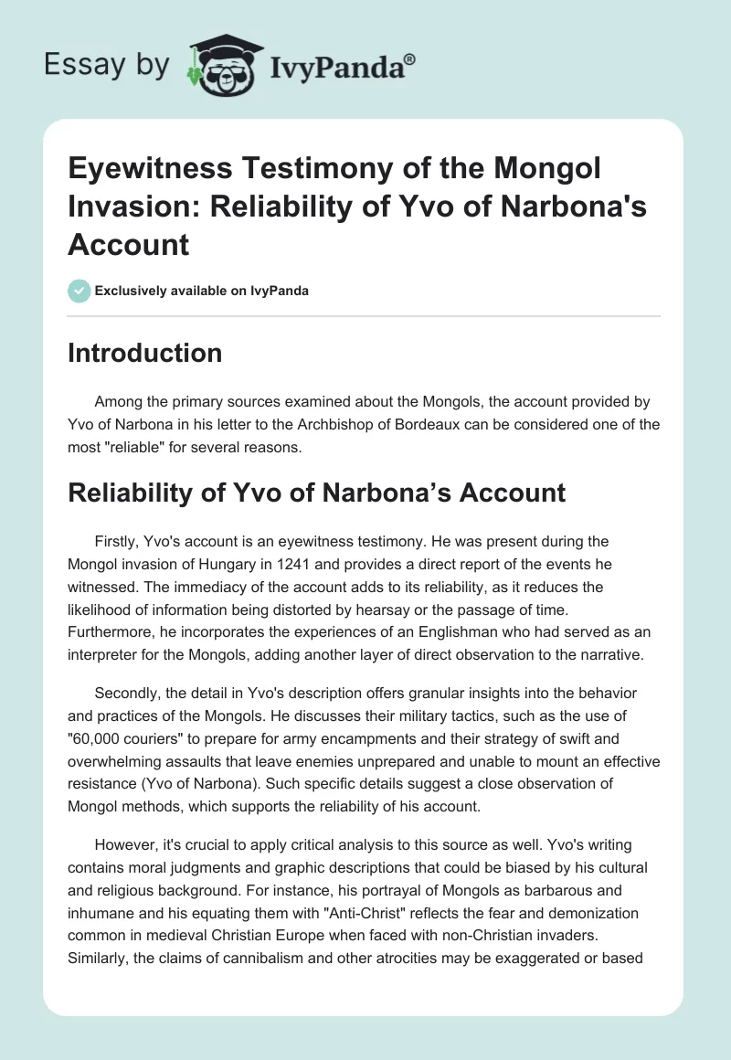 Eyewitness Testimony of the Mongol Invasion: Reliability of Yvo of Narbona's Account. Page 1