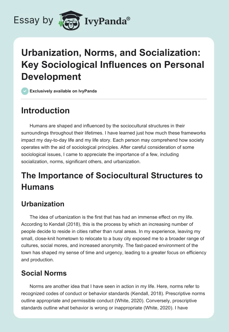 Urbanization, Norms, and Socialization: Key Sociological Influences on Personal Development. Page 1