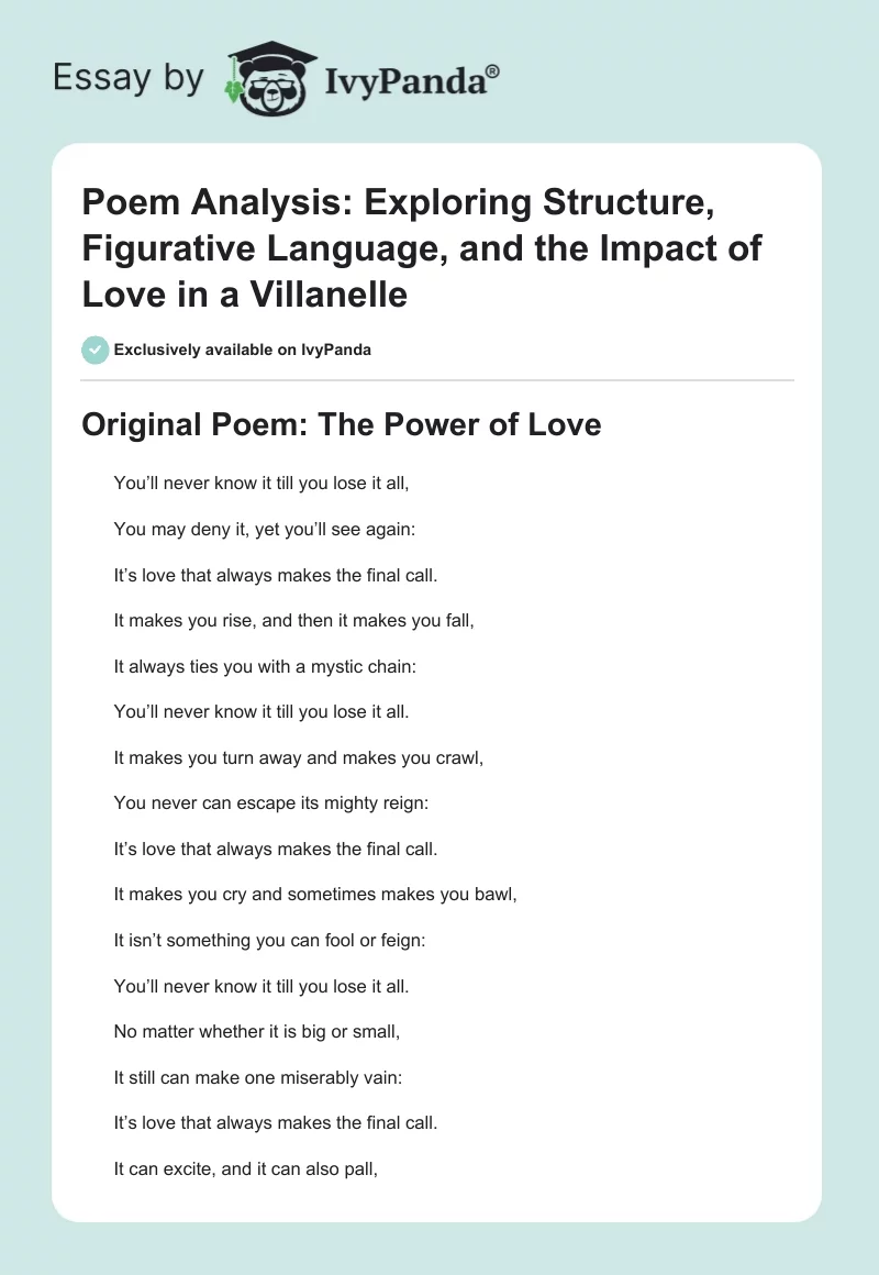 Poem Analysis: Exploring Structure, Figurative Language, and the Impact of Love in a Villanelle. Page 1