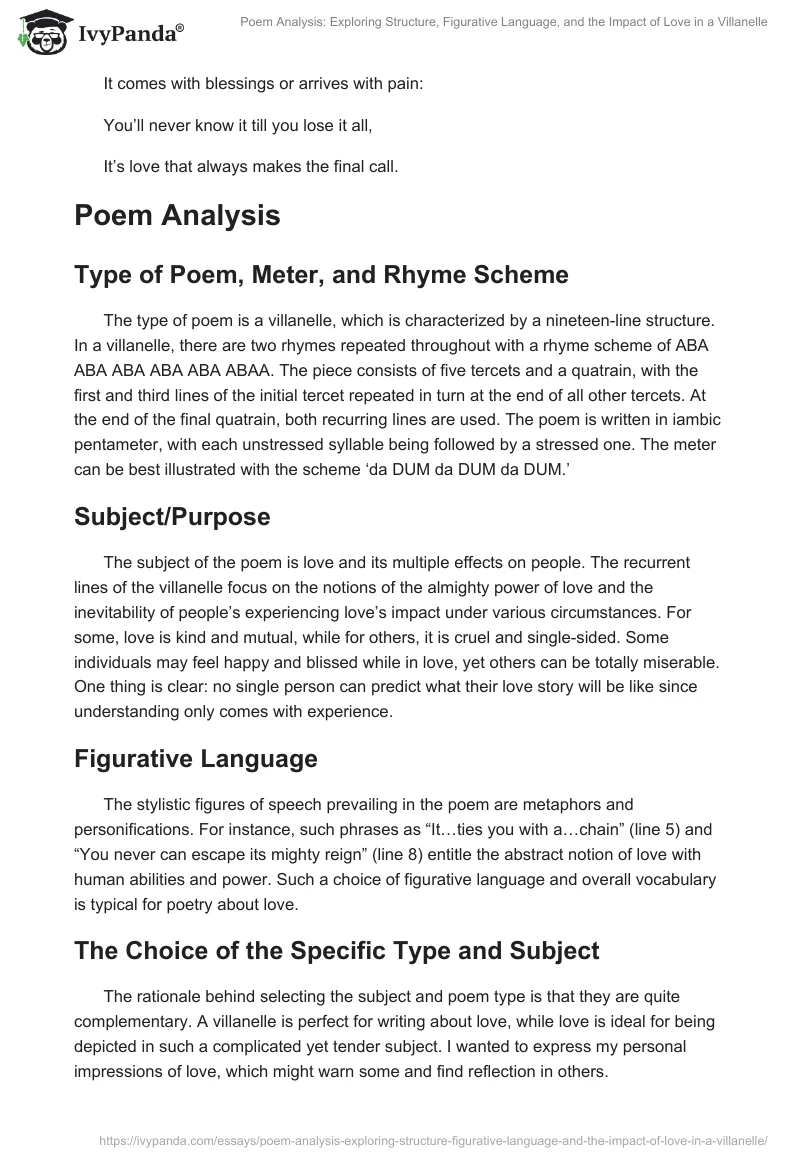 Poem Analysis: Exploring Structure, Figurative Language, and the Impact of Love in a Villanelle. Page 2