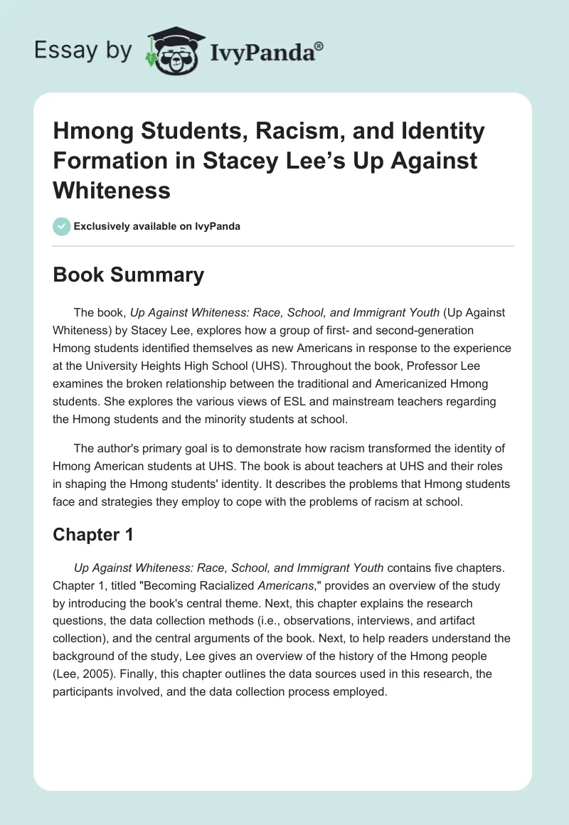 Hmong Students, Racism, and Identity Formation in Stacey Lee’s Up Against Whiteness. Page 1
